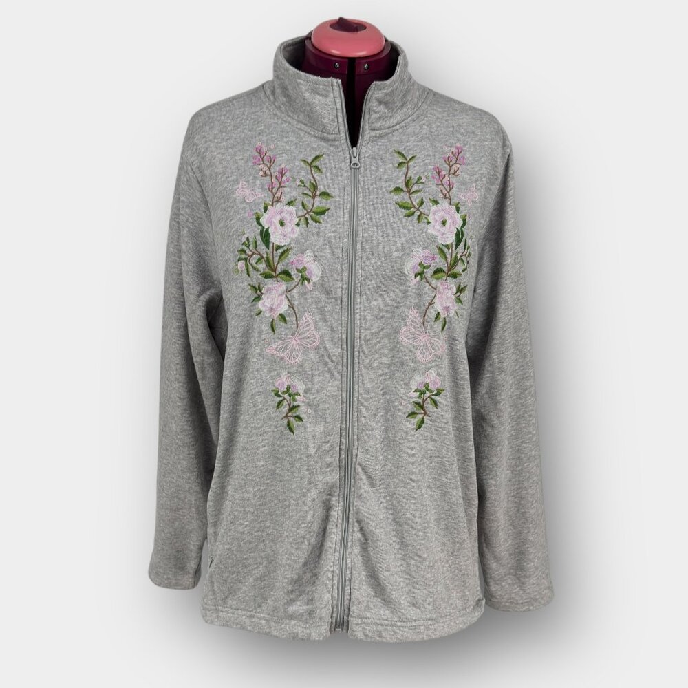 Embroidered Floral Butterfly Full Zip Sweatshirt 3X Grey Stand Collar Pockets